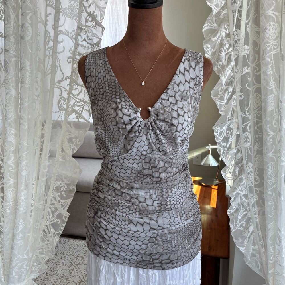 2000s Vintage INC International Concepts Gray Python‎ Print Ruched Tank Top M
